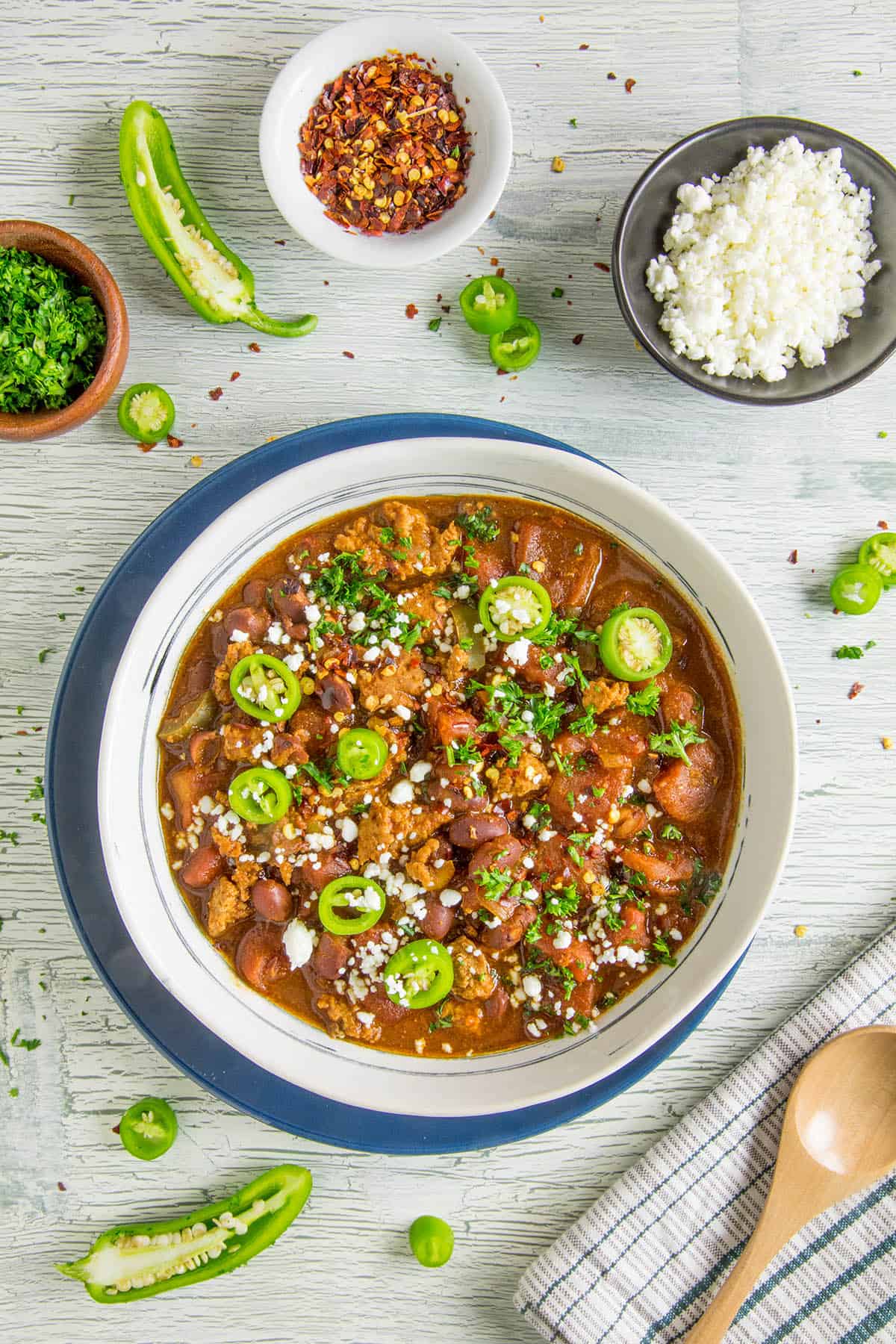 A finished bowl of chili, ready and waiting for you to eat it