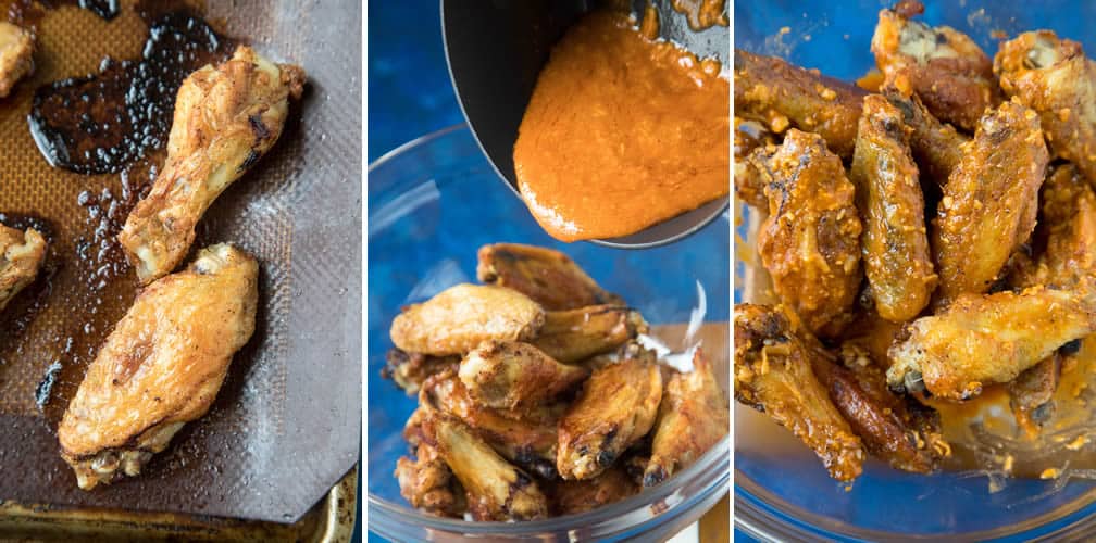 Steps for making and tossing our Garlic Parmesan Chicken Wings and tossing them in the wing sauce