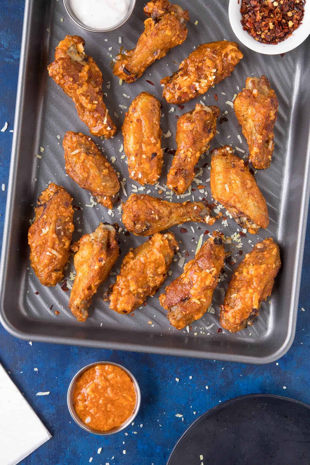 Garlic Parmesan Chicken Wings - In a pan, ready to serve