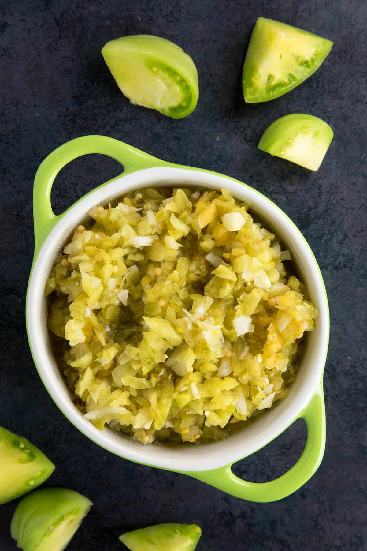 Green Tomato Relish, in a bowl, ready to serve