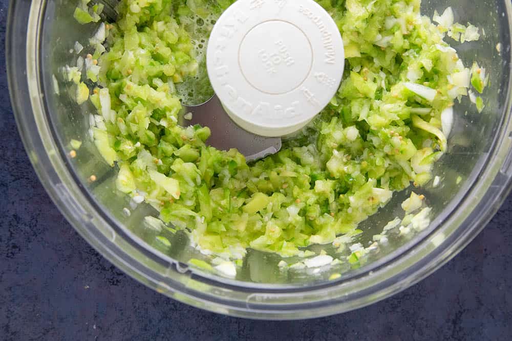 Green Tomatoes, processed in a food processor