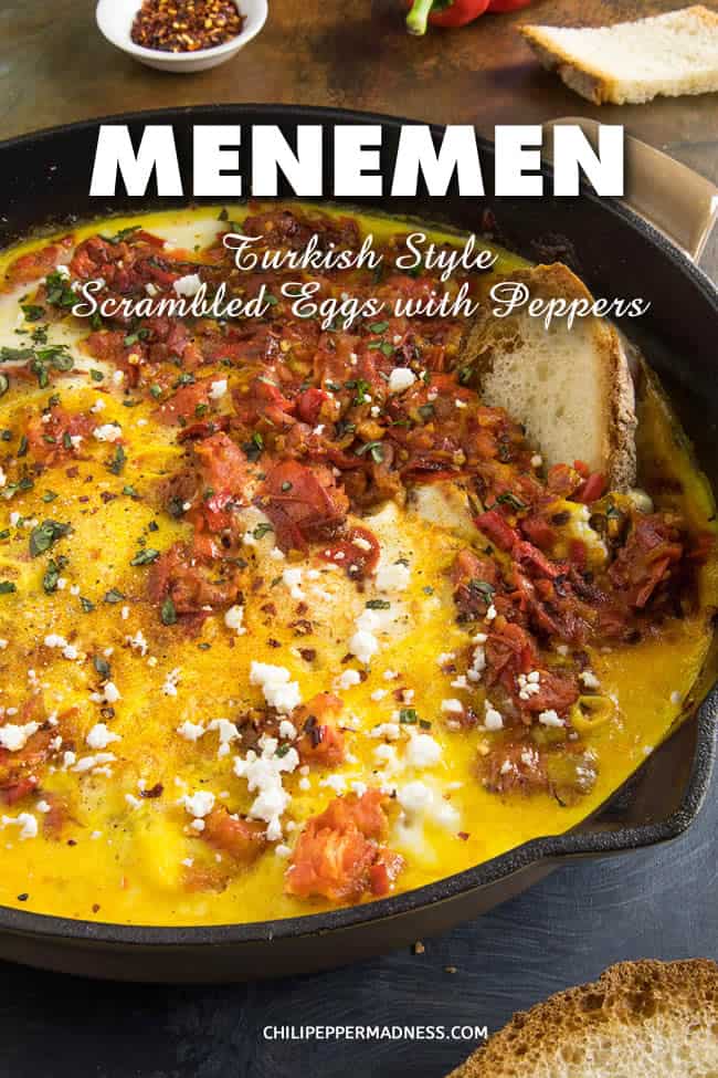 Menemen (Turkish Style Scrambled Eggs with Peppers) - Menemen is a Turkish-style dish of scrambled eggs cooked with peppers, tomatoes, onions and seasonings. It is incredibly satisfying. Here is the recipe. #Breakfast #ScrambledEggs