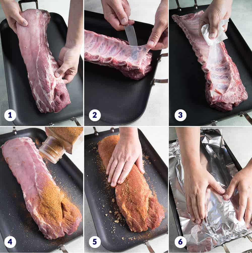 Prepping the ribs for baking them in the oven.