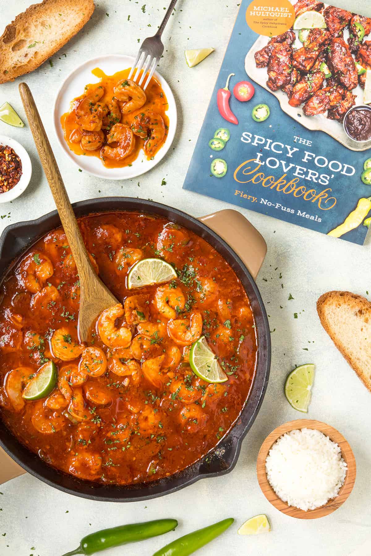 Shrimp in Fiery Chipotle-Tequila Sauce, next to the cookbook that includes the actual recipe