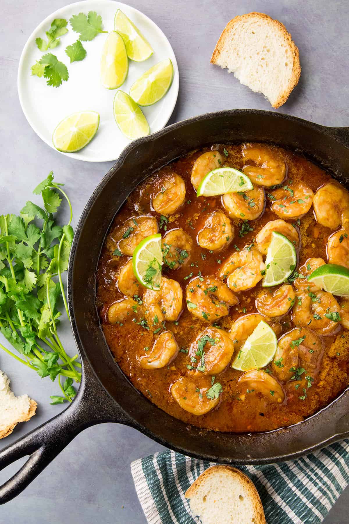 Shrimp in Fiery Chipotle-Tequila Sauce in a pan, ready to serve for dinner