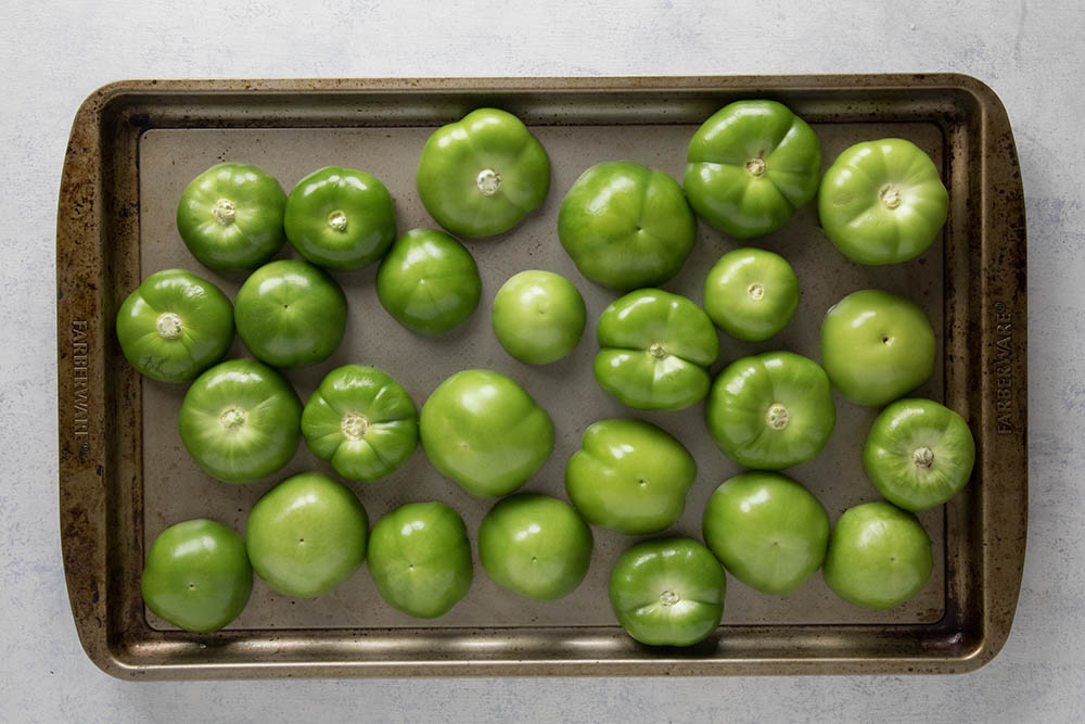 Tomatillos, sliced and ready to roast