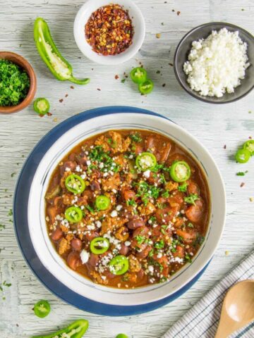 A finished bowl of chili, ready and waiting for you to eat it