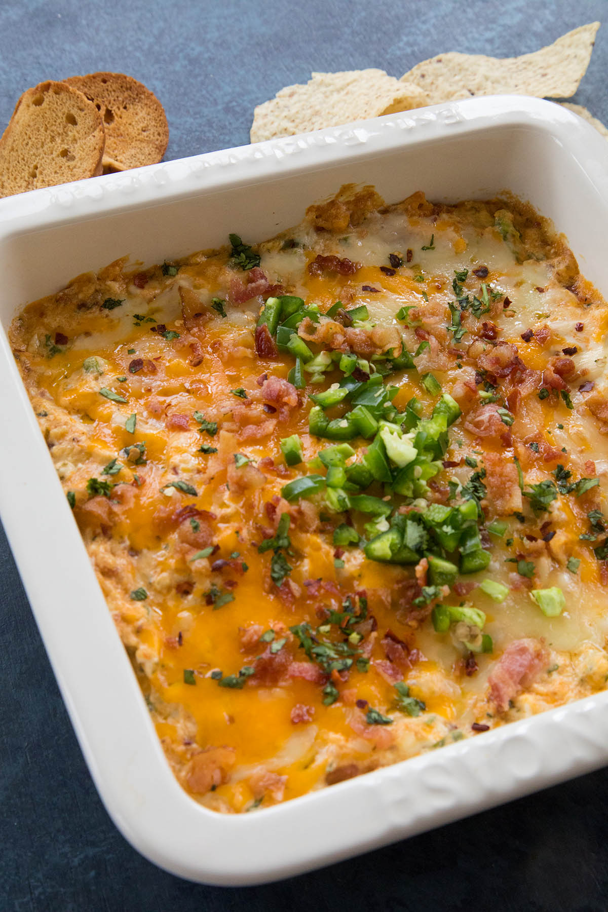 Bacon Jalapeno Popper Dip - In a casserole dish, ready to eat
