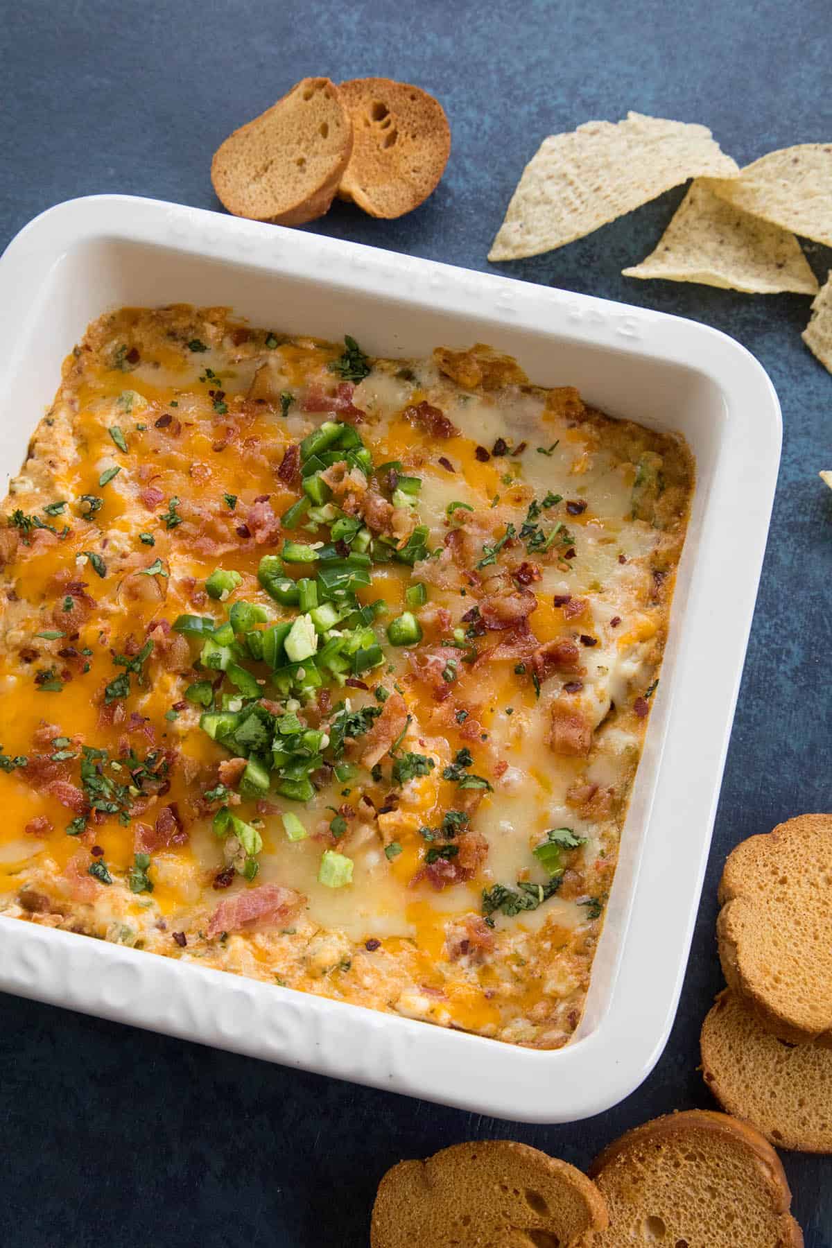 Bacon Jalapeno Popper Dip - In a casserole dish, ready to serve