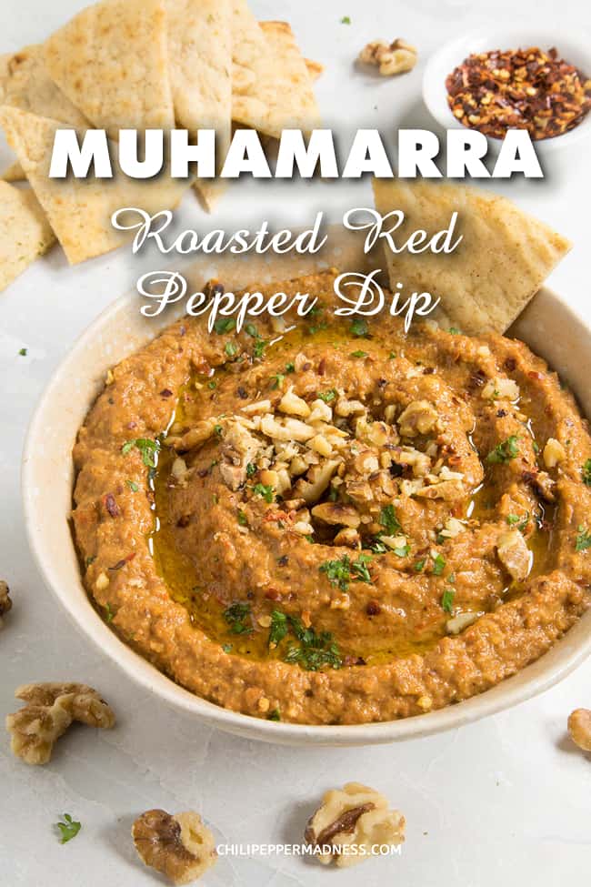 Muhammara (Roasted Red Pepper & Walnut Dip) - This Muhammara recipe is made with roasted red peppers, lightly toasted walnuts and the sweetness of pomegranate. It is creamy and delicious and very easy to make, a big crowd pleaser. #Dip #Spread #Sauce