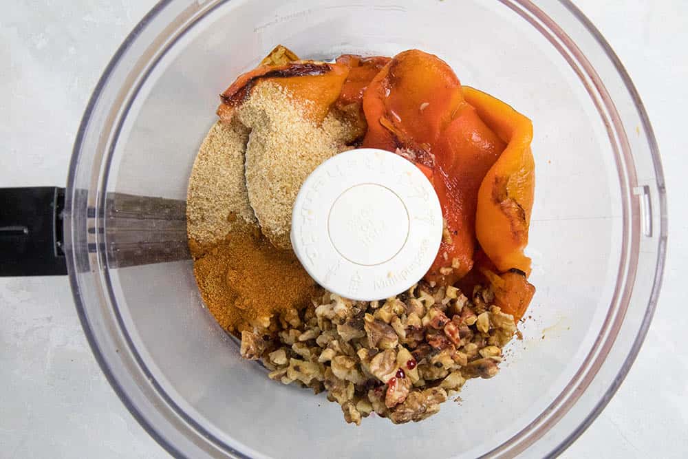 Ingredients in a food processor for our Muhammara Spread