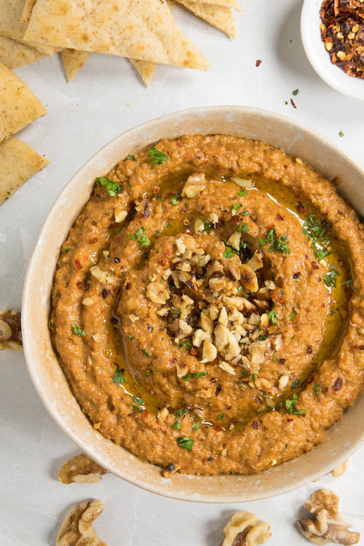 Muhammara Recipe (Roasted Red Pepper & Walnut Dip), in a bowl, ready to serve