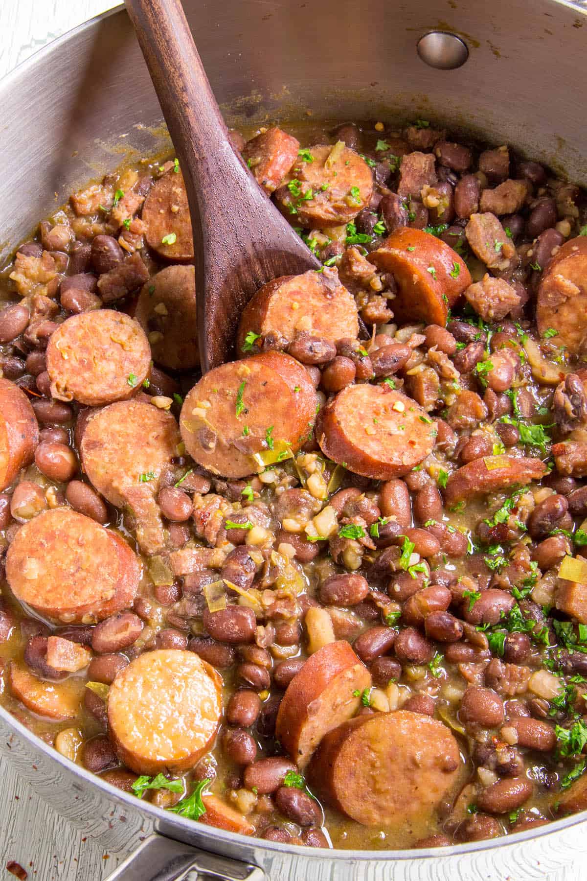 Red Beans and Rice - in a pot with a serving spoon