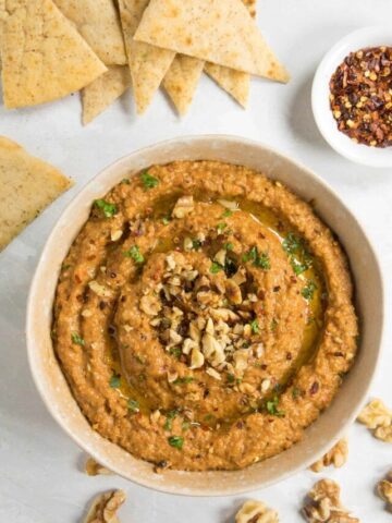 Muhammara Recipe (Roasted Red Pepper & Walnut Dip), in a bowl, ready to serve