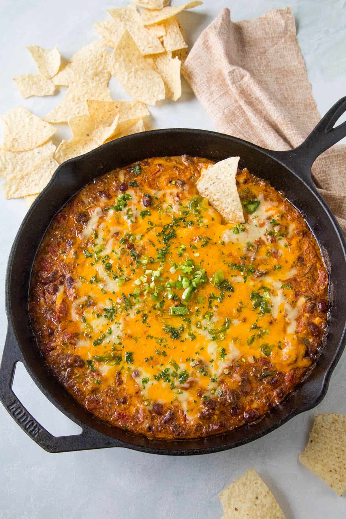 Chili Cheese Dip in a pan, ready to eat