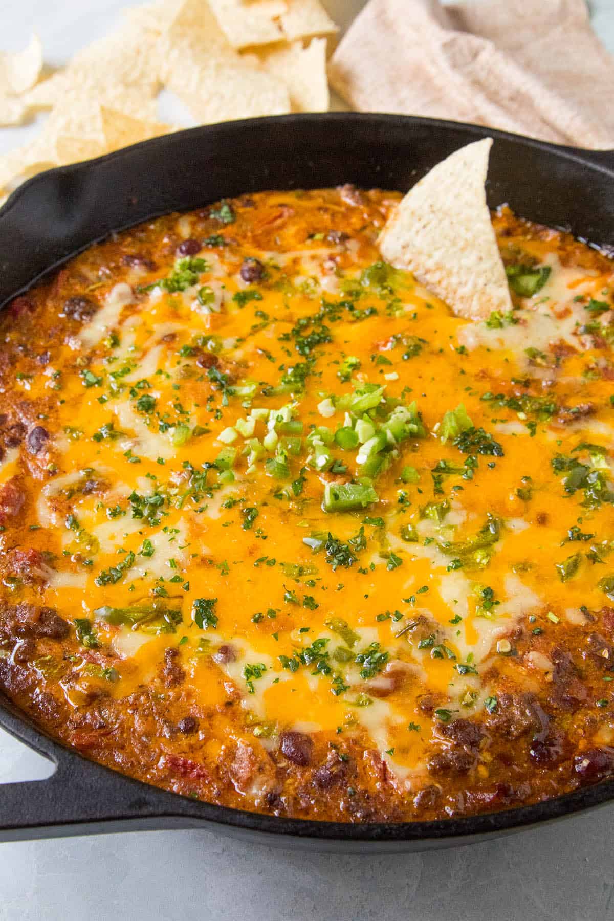 Chili Cheese Dip in a pan, ready to serve
