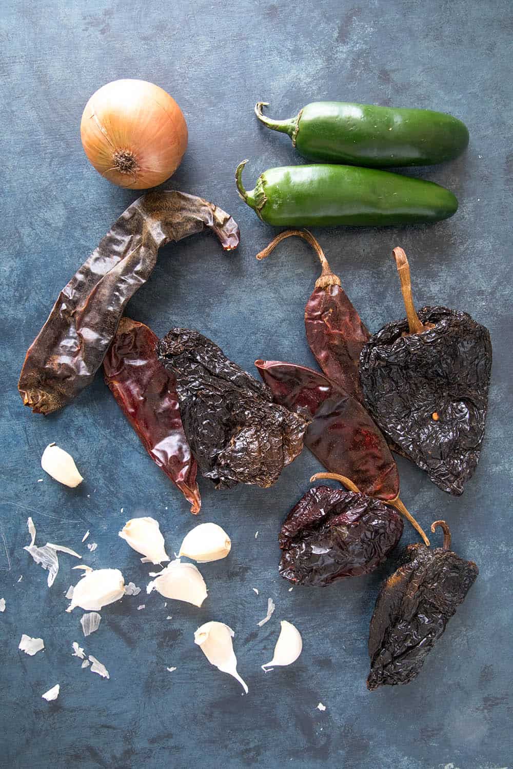 Dried peppers, jalapenos, onion and garlic, essential for making Chili Con Carne