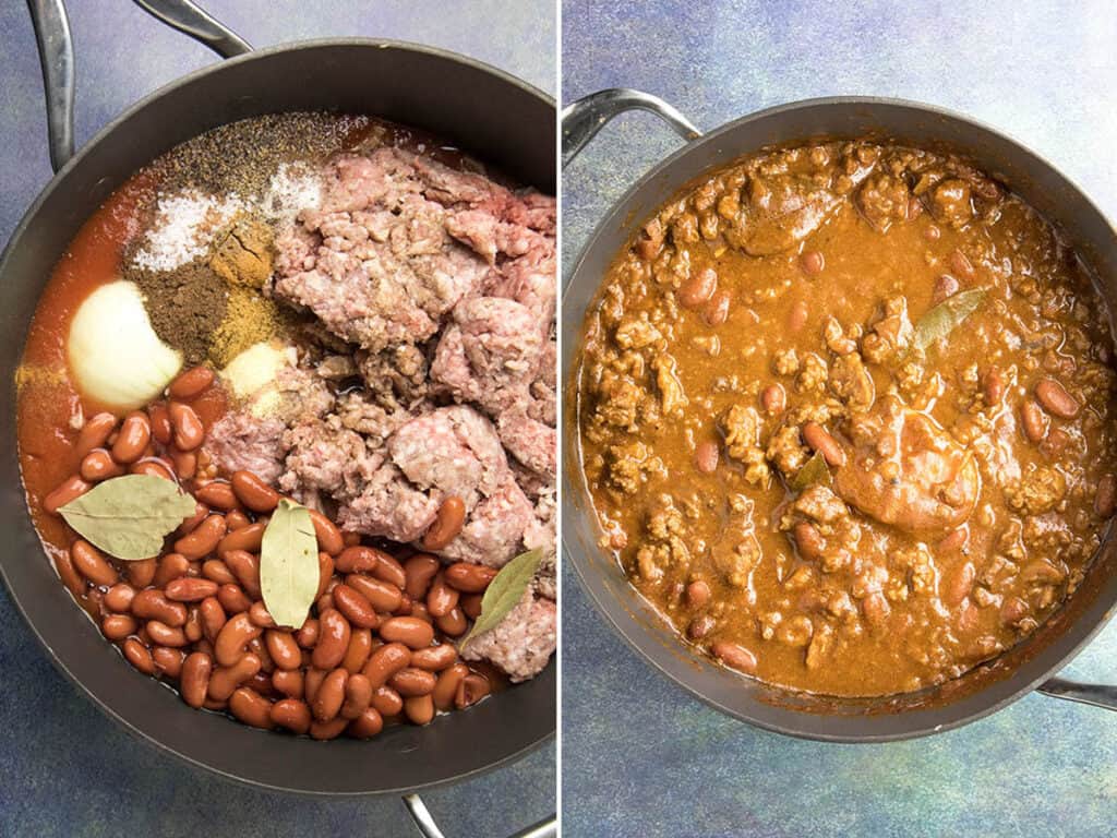 Cincinnati Chili Recipe All Cincinnati Chili ingredients added to a pan, cooked down, and simmering