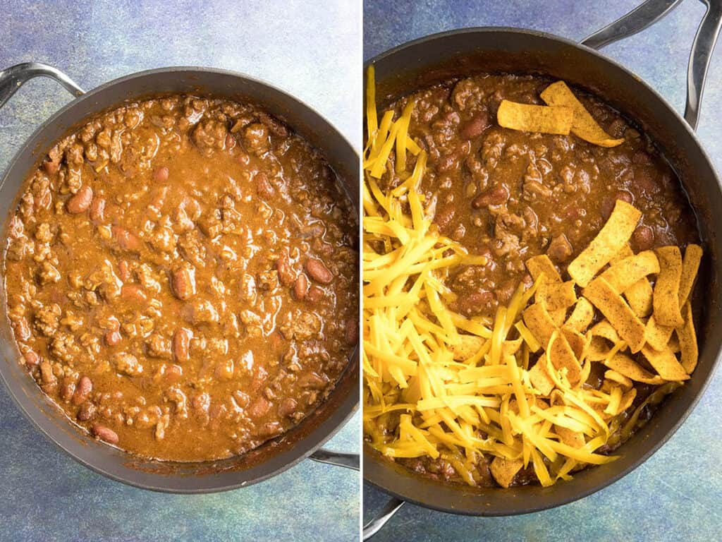 Cincinnati Chili simmering in a pot, then served with cheese as a topping
