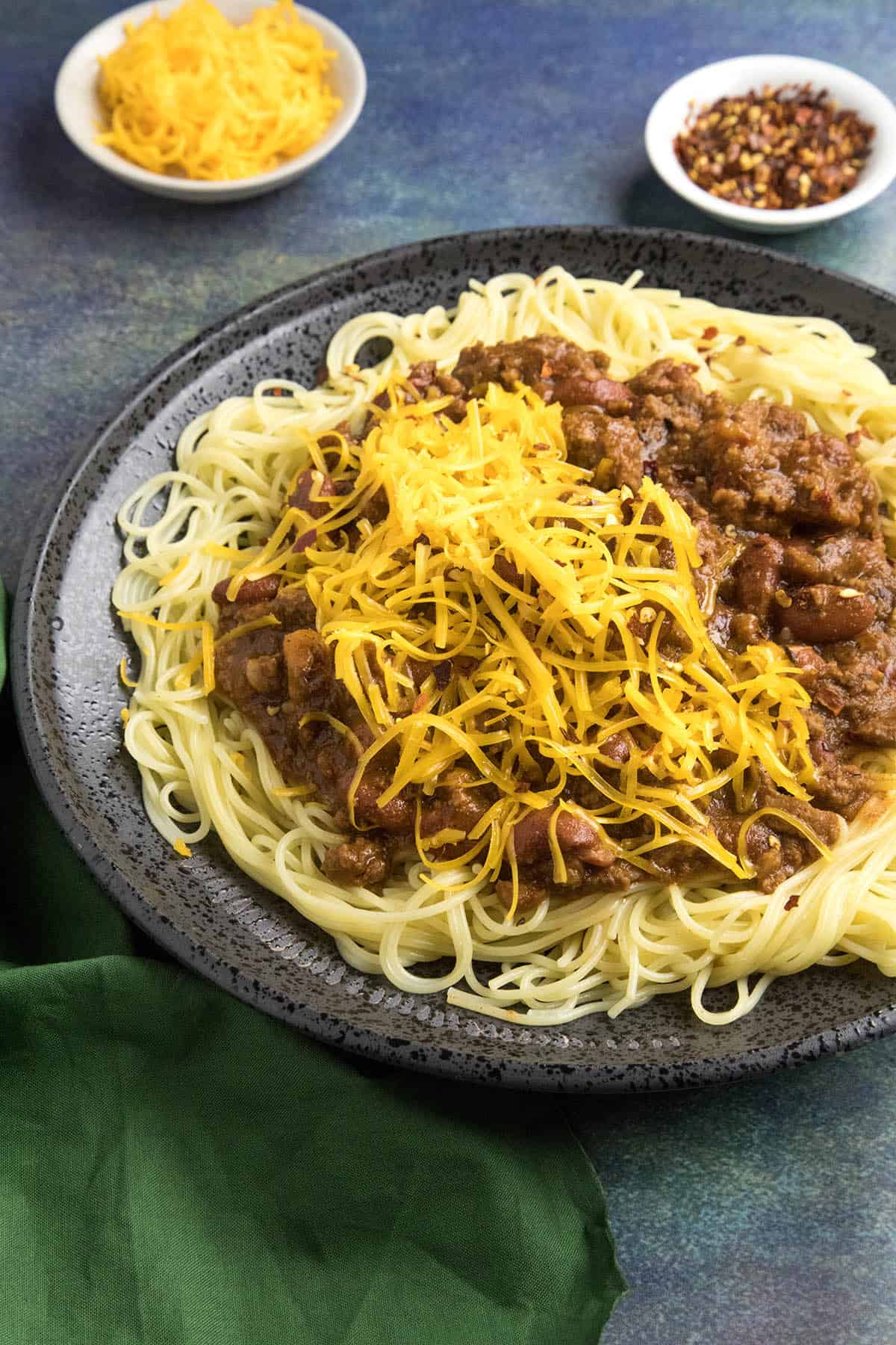 Cincinnati Chili on a plate, ready to eat