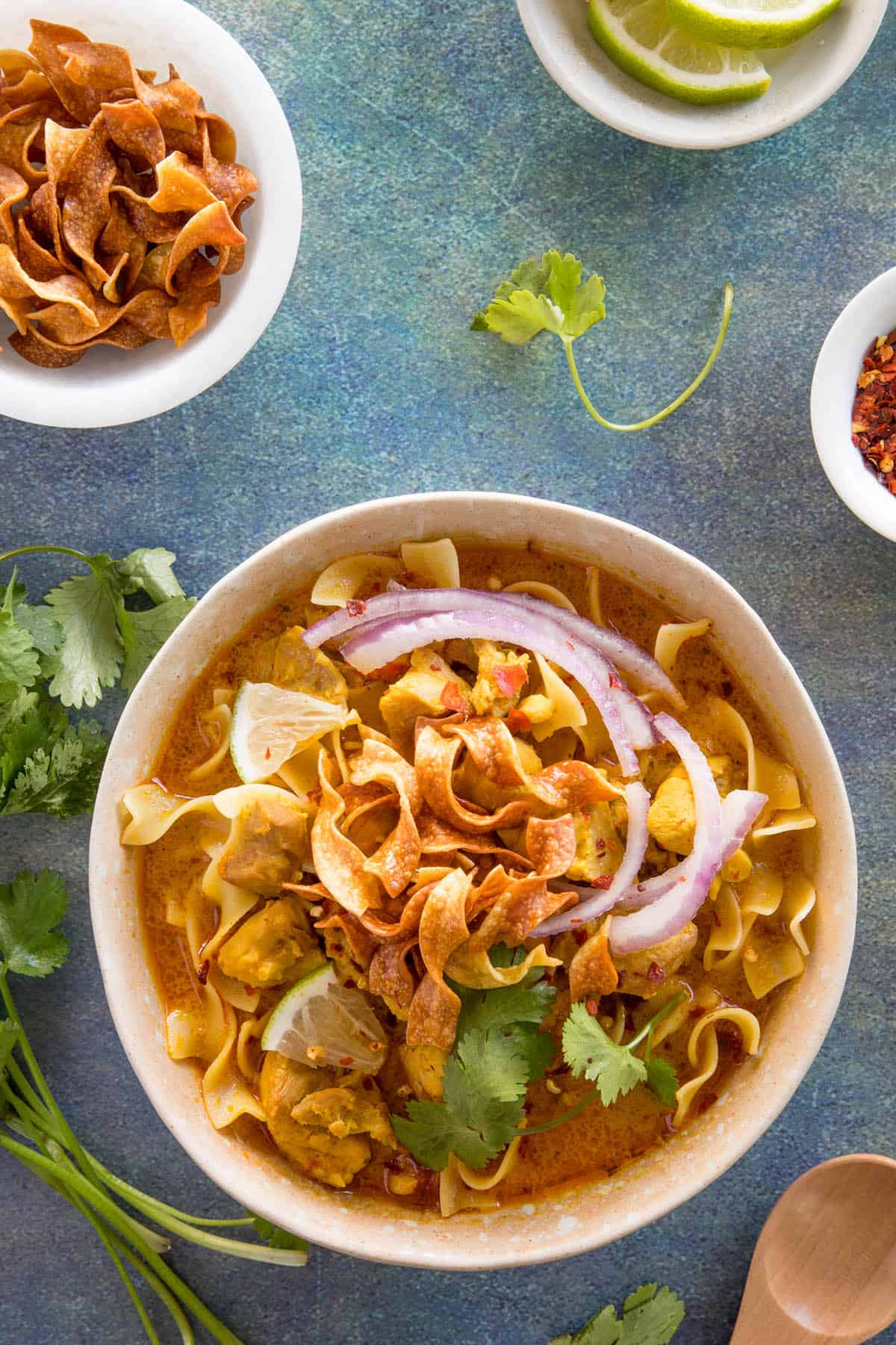 Khao Soi - Thai Coconut Curry, in a bowl, ready to serve