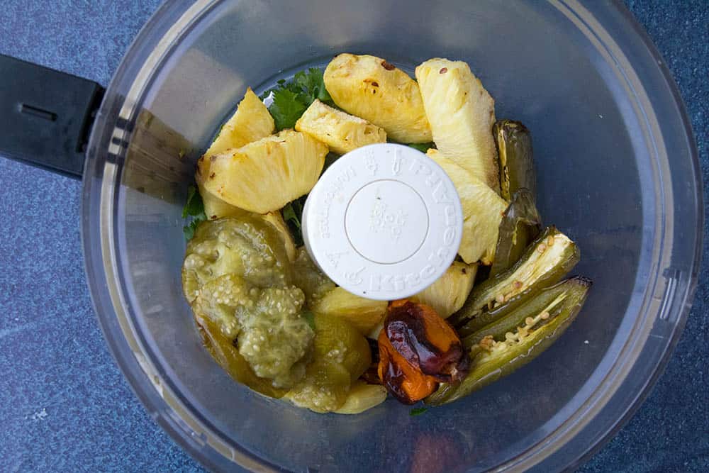 All of the ingredients for our Roasted Pineapple Habanero Salsa recipe, ready to process