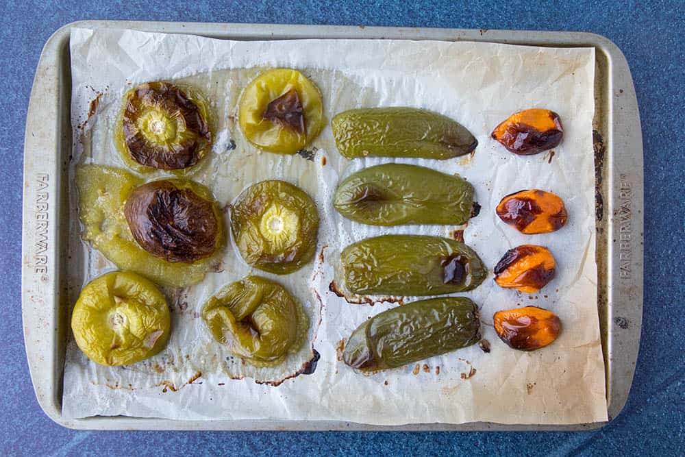 Roasted tomatillos, jalapenos and habanero peppers