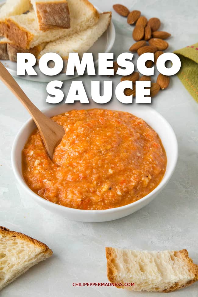 Romesco Sauce - Learn how to make the classic Spanish Romesco sauce with this recipe, including roasted bell peppers, tomato, garlic, almonds and thickened with toasted bread. #SpanishCuisine #SpanishRecipes #SauceRecipe