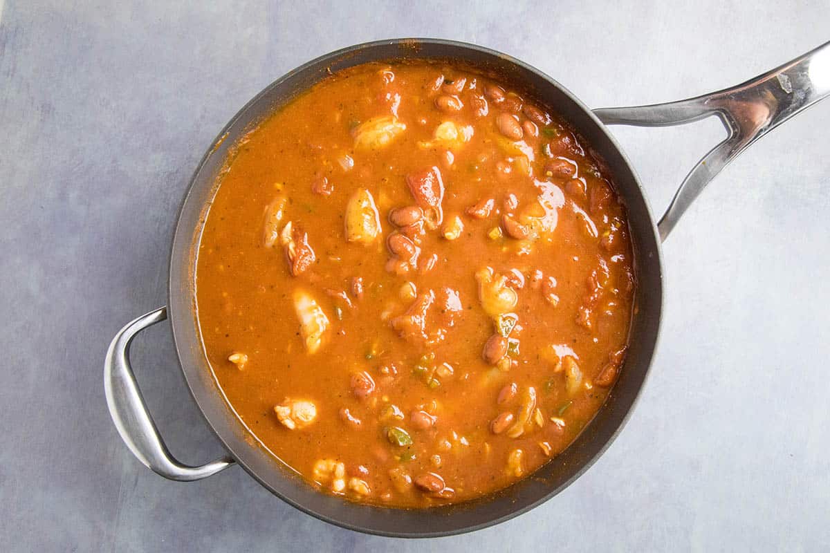 Simmering our Shrimp and Red Bean Chili in a pot