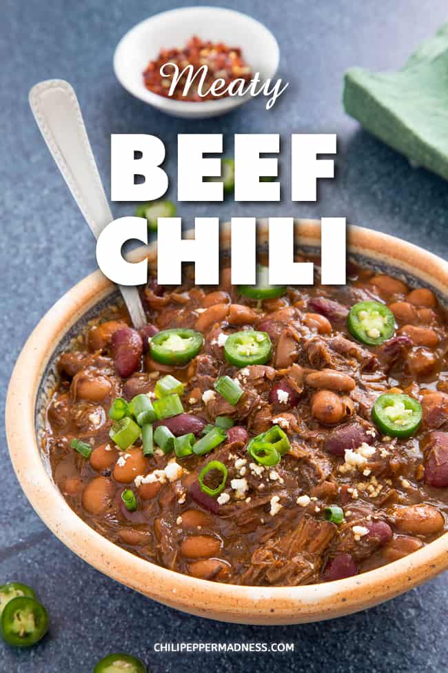 Beef Chili Recipe - A hearty beef chili recipe made with lots of beef chuck, flavorful spices, and a variety of chili peppers. When it comes to beef chili, this is the