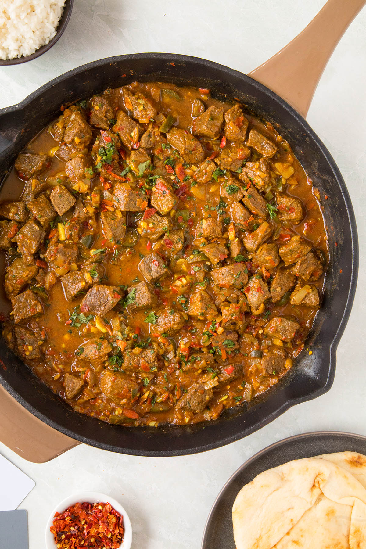 Beef Vindaloo in a pan, ready to serve