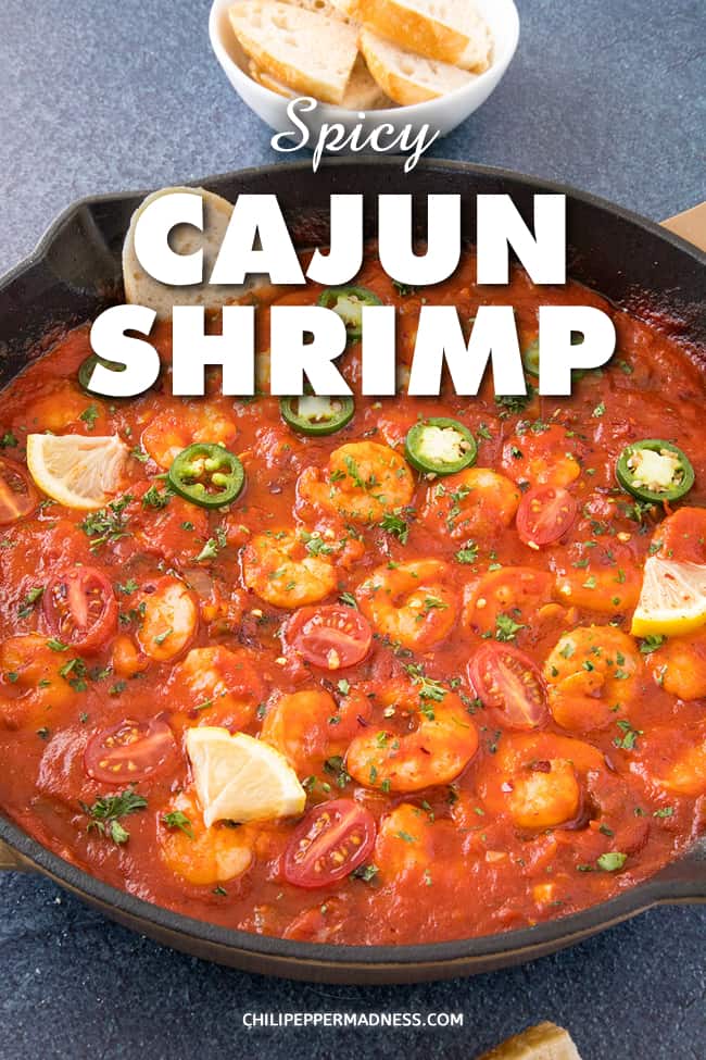 Spicy Cajun Shrimp - This Cajun shrimp recipe lightly cooks succulent shrimp in a simmering tomato sauce spiced with chili peppers, Cajun seasonings and more. Great for dinner or an appetizer. #CajunRecipe #Shrimp #Dinner