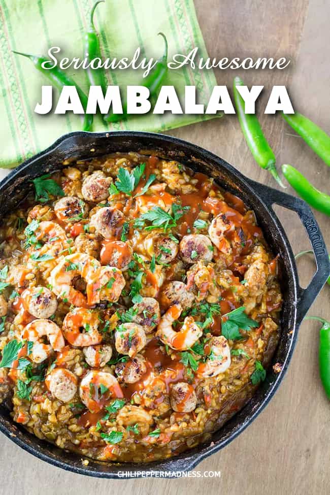 Seriously Awesome Jambalaya Recipe - My wonderful spicy Cajun jambalaya recipe in all its glory, with shrimp, andouille sausage, chicken, and plenty of spices. #CajunFood #Jambalaya #SpicyFood