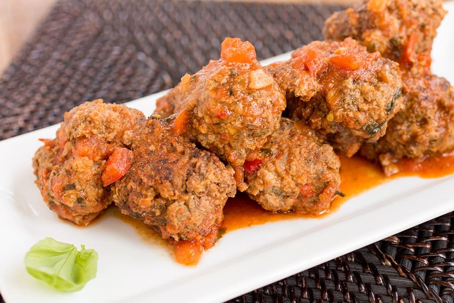 Spicy Italian Meatballs on a platter, ready to serve