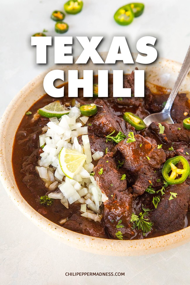 Texas Chili Recipe - This Texas chili recipe is authentic, meaty, just the right amount of spicy, and not a chili bean in sight. Learn how to make your own Texas chili. #ChiliRecipe #BowloRed #TexasChili