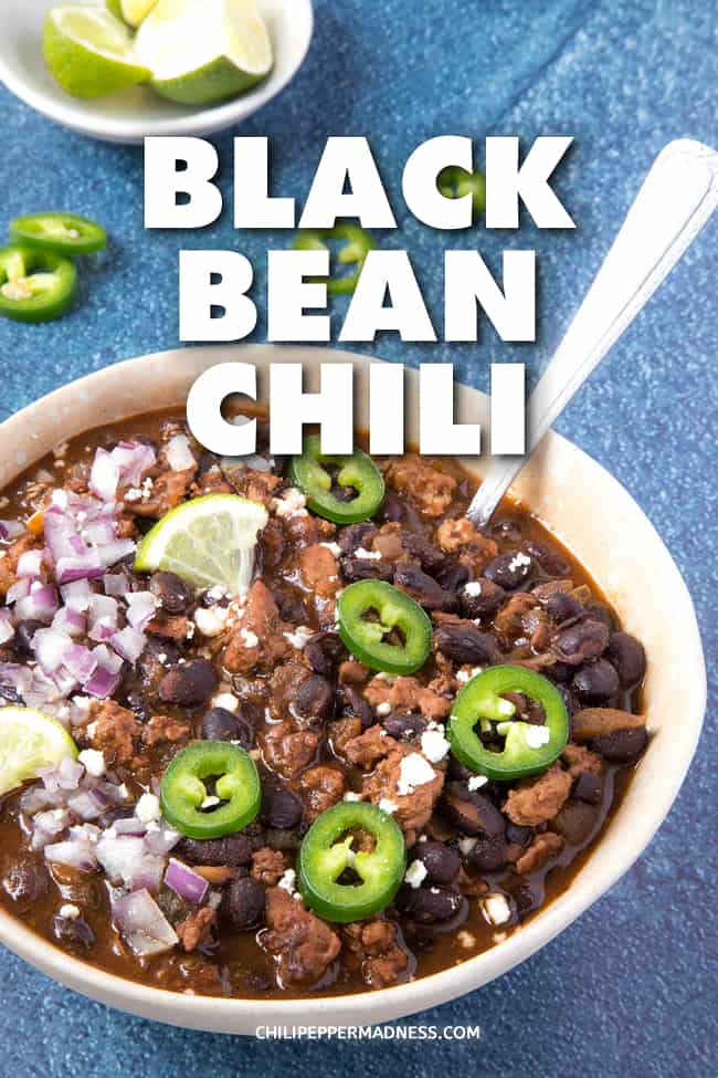 Easy Zesty Black Bean Chili - A comforting, easy black bean chili recipe with plenty of piquant spices. Just the right amount of heat. Chop, pour, simmer, done. One of my favorites. #EasyDinner #ChiliRecipe #BlackBeans