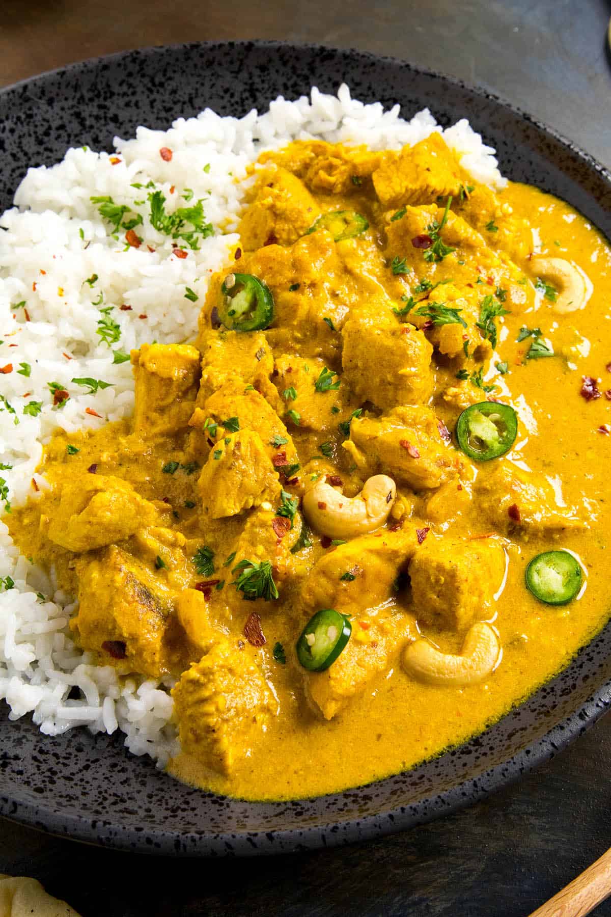 Chicken Korma ready to serve on a plate with garnish