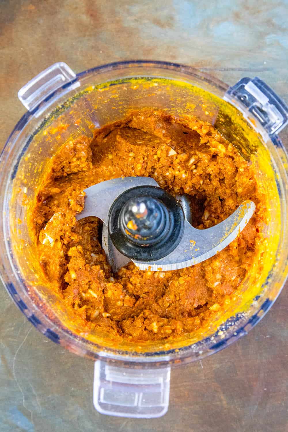 Chicken Korma paste in a food processor