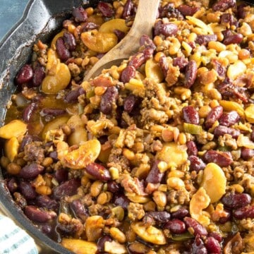 Cowboy Beans served in a skillet.