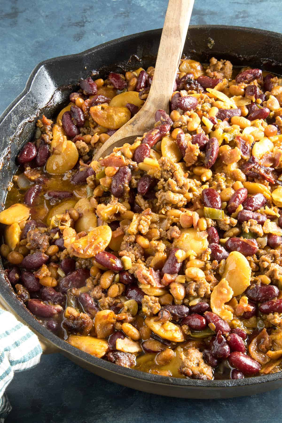 Cowboy Beans served in a skillet.