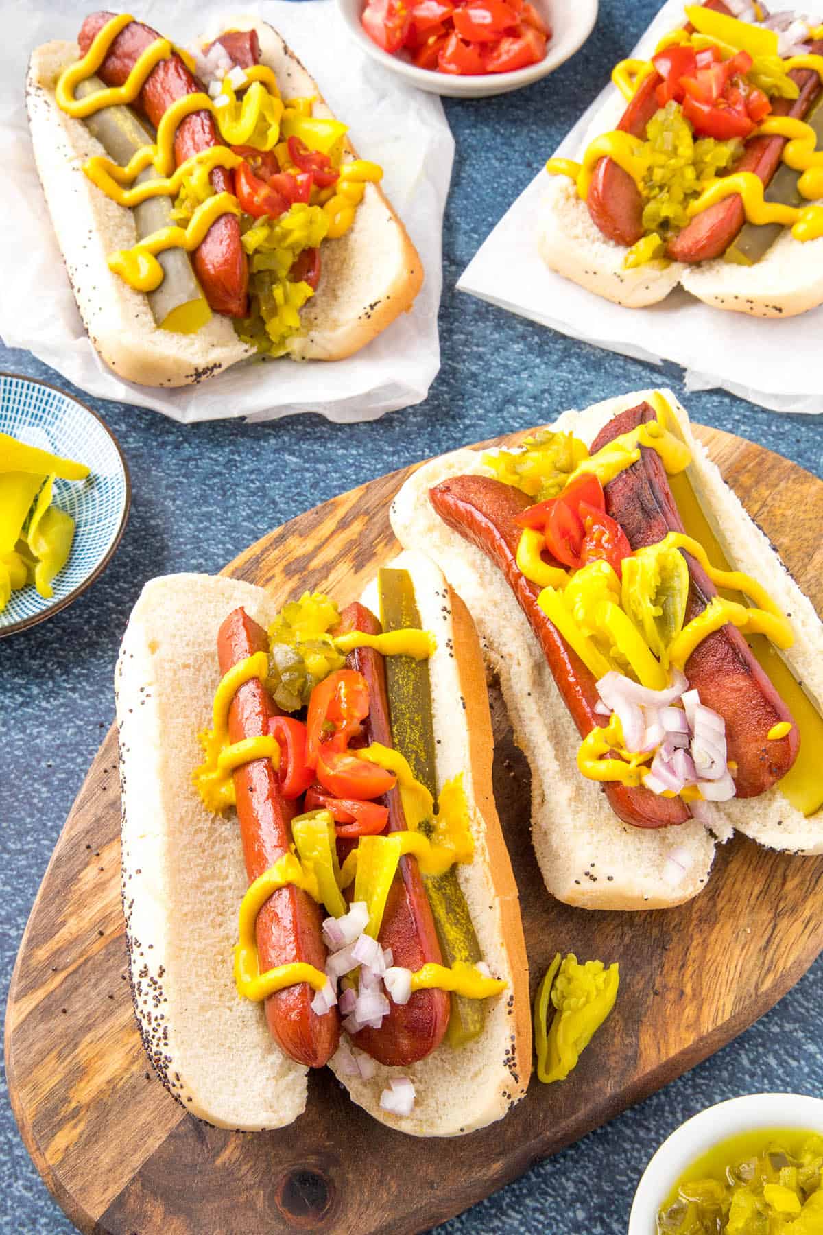 Chicago Style Hot Dogs with loads of mustard.