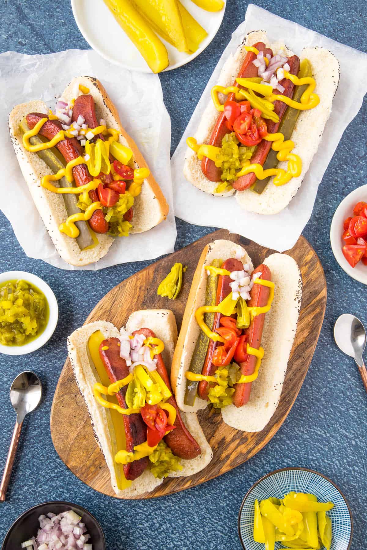 Chicago Style Hot Dogs with loads of mustard.