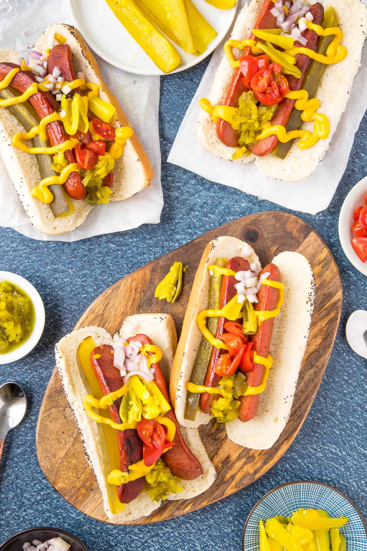 Chicago Style Hot Dogs, ready to eat.