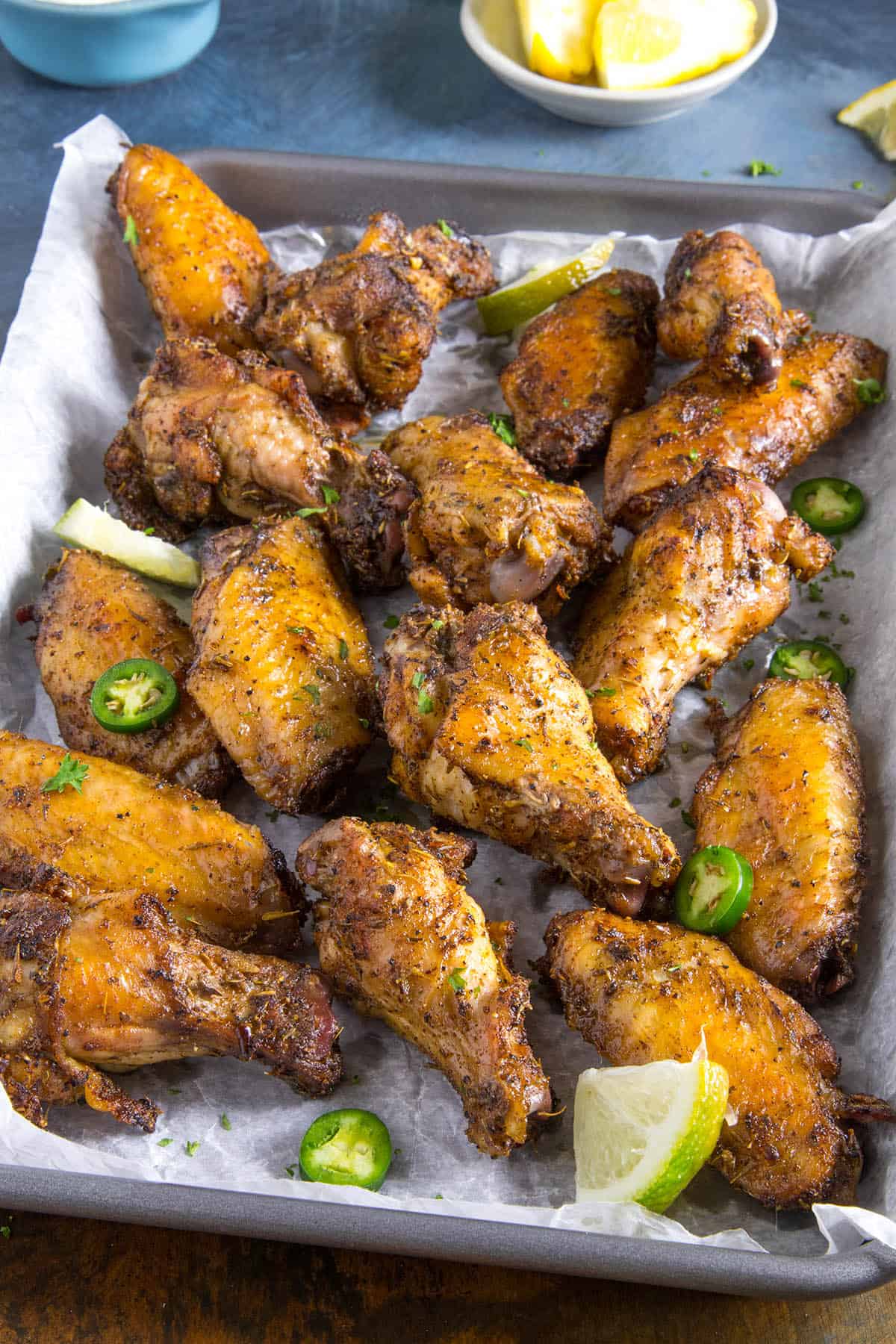 Grilled Jerk Chicken Wings in a pan, ready to serve