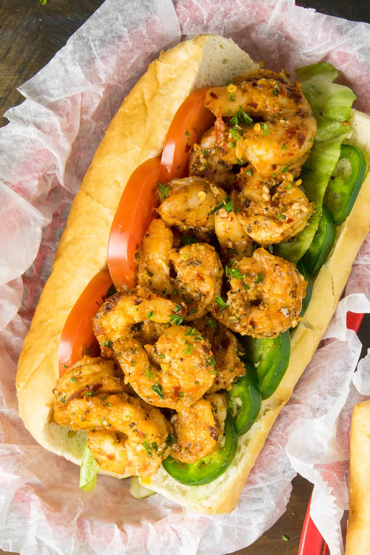 Grilled shrimp po boy sandwich, ready to eat