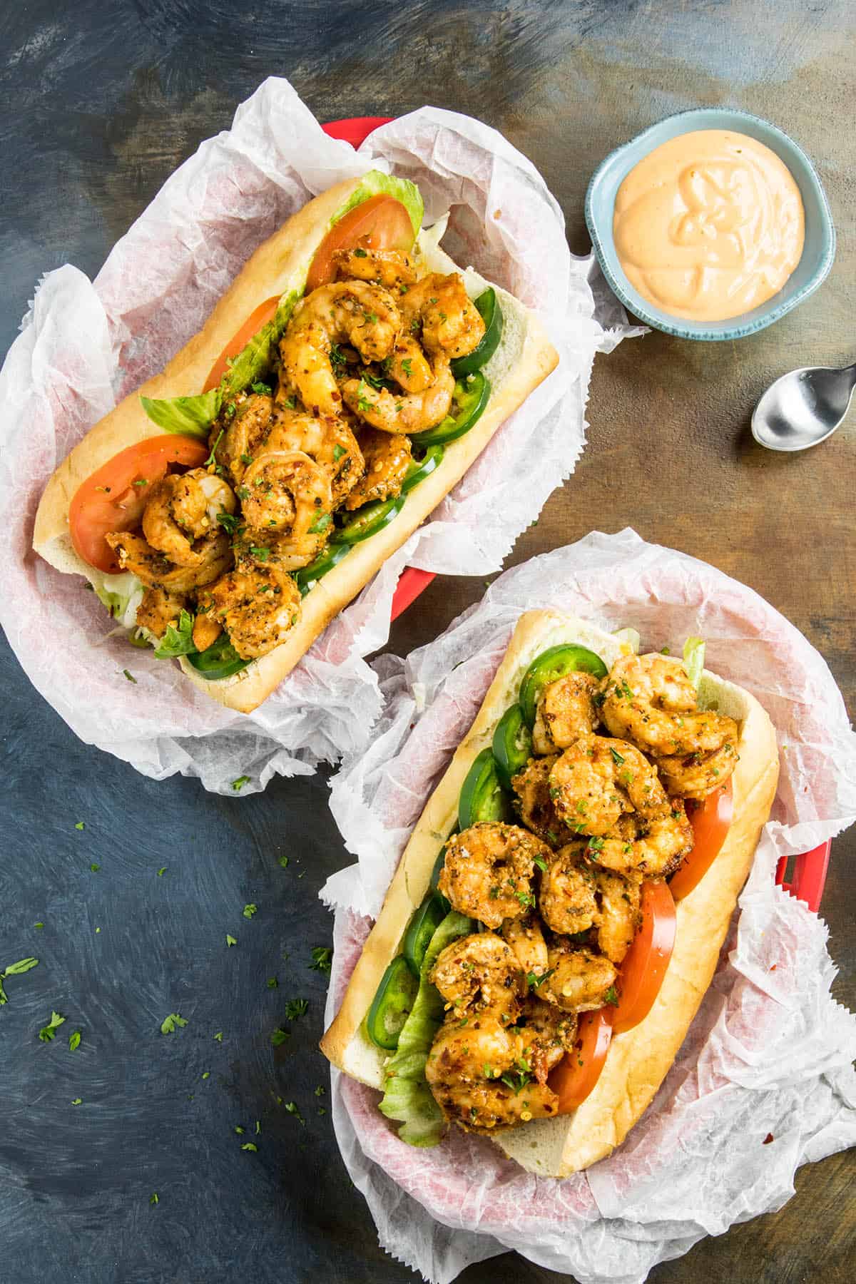 Grilled shrimp po boy sandwiches with po boy sauce