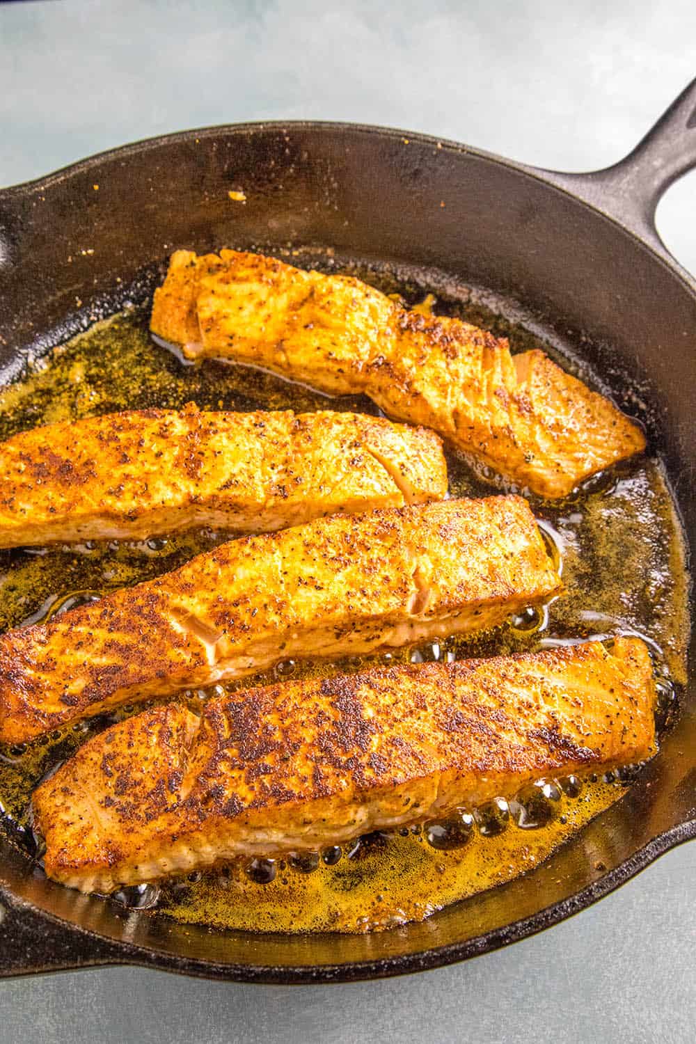 Searing the Blackened Salmon in a pan