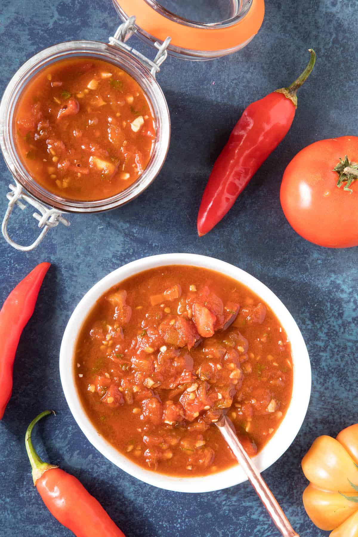 Tomato Chutney in a bowl and jar, ready to serve