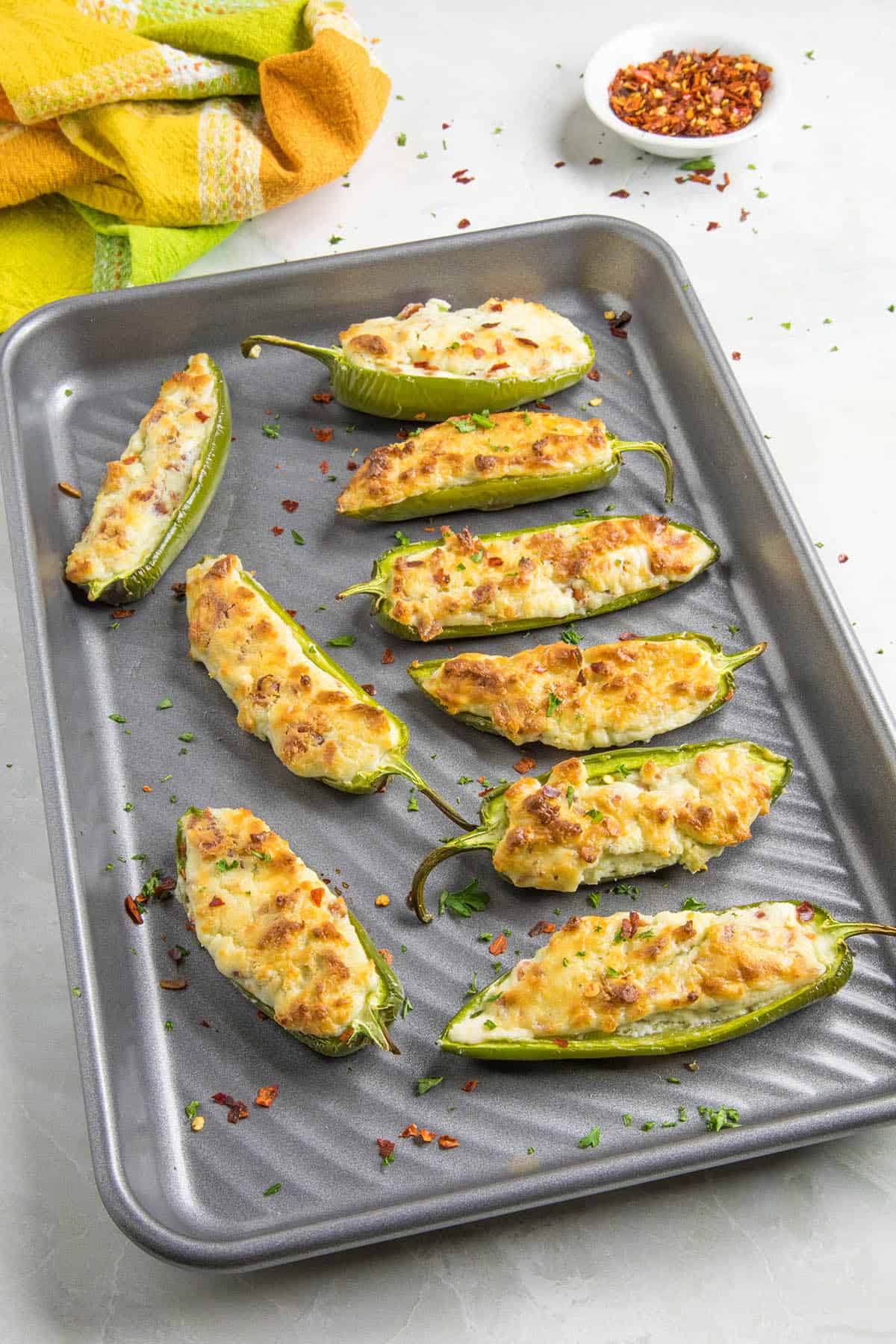 Blue Cheese and Bacon Stuffed Jalapeno Poppers on a platter