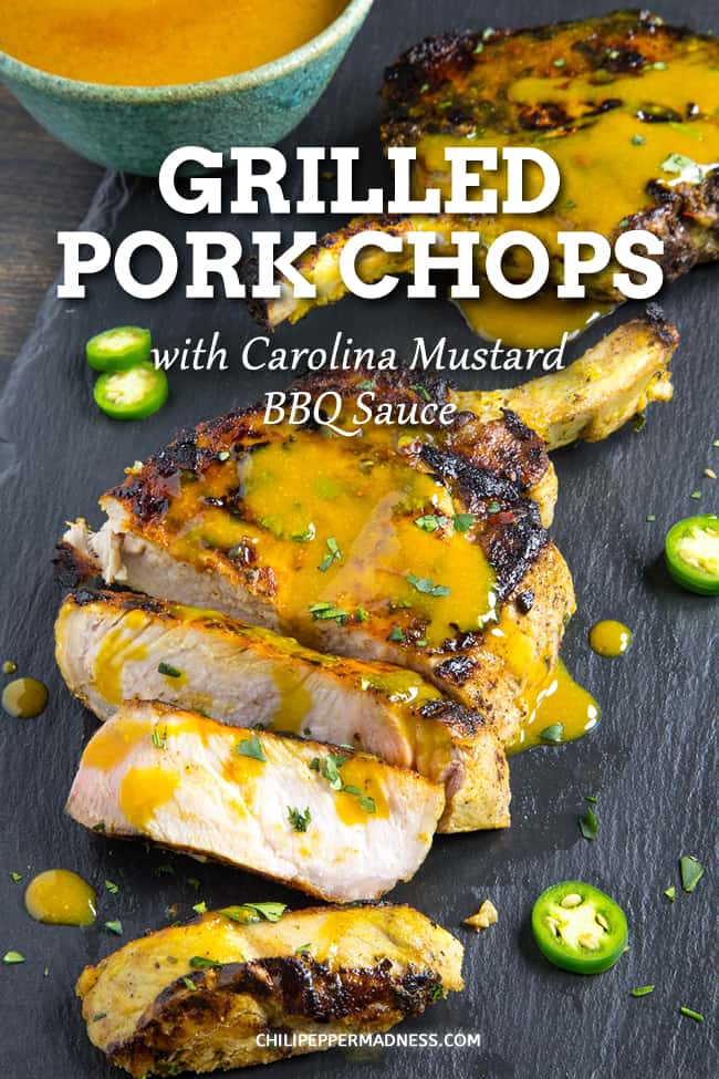 Grilled Pork Chops with Carolina Mustard BBQ Sauce - Fire up the grill for this luscious marinated grilled pork chops recipe topped with a tangy, mustard-based bbq sauce that is hugely popular in South Carolina. A summertime must! #Grilling #PorkChops